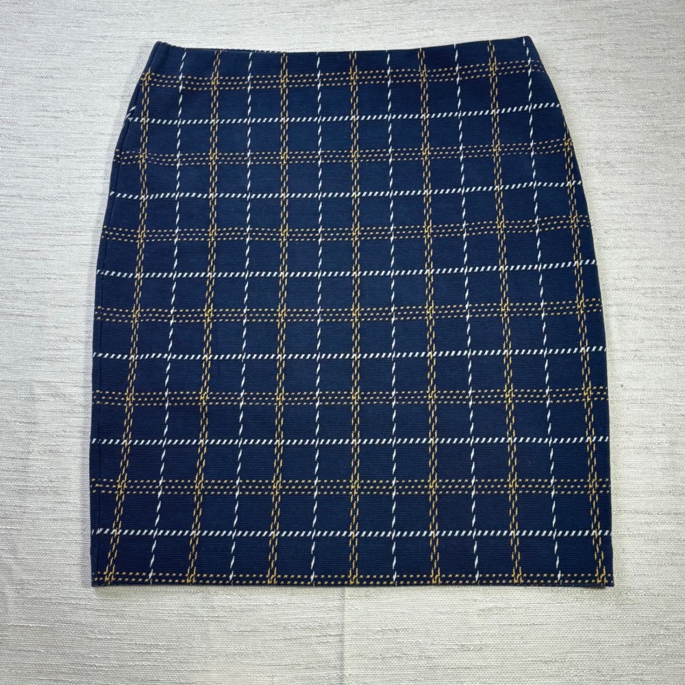 Ann Taylor Factory Navy Blue Plaid Pencil Skirt Textured Knit Large - Picture 8 of 8